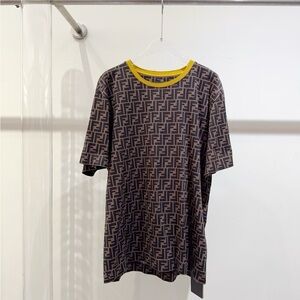 Authentic Fendi Logo Tee in Brown with Yellow Trim